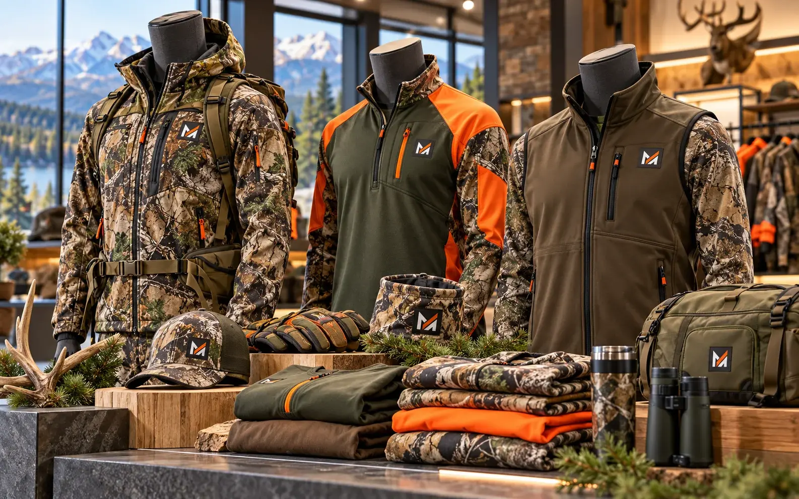 Custom hunting apparel collection displayed on mannequins, featuring camouflage, olive, brown, and blaze-orange jackets with matching accessories, caps, gloves, bags, and folded garments, all presented with visible Mega Apparel logo patches in a premium hunting showroom.